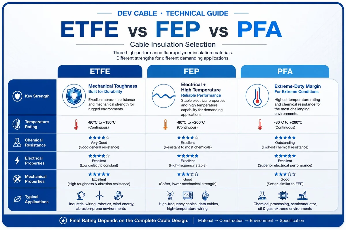 ETFE vs FEP vs PFA cable insulation material comparison