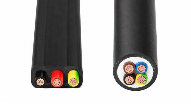 Flat and round submersible pump cable examples; illustrated core counts and colours are not universal wiring arrangements.