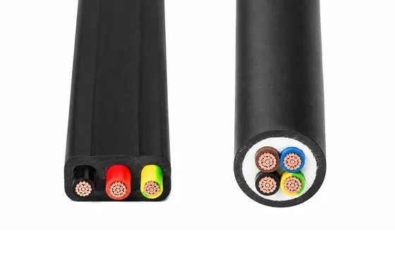 Flat and round submersible pump cable examples; illustrated core counts and colours are not universal wiring arrangements.